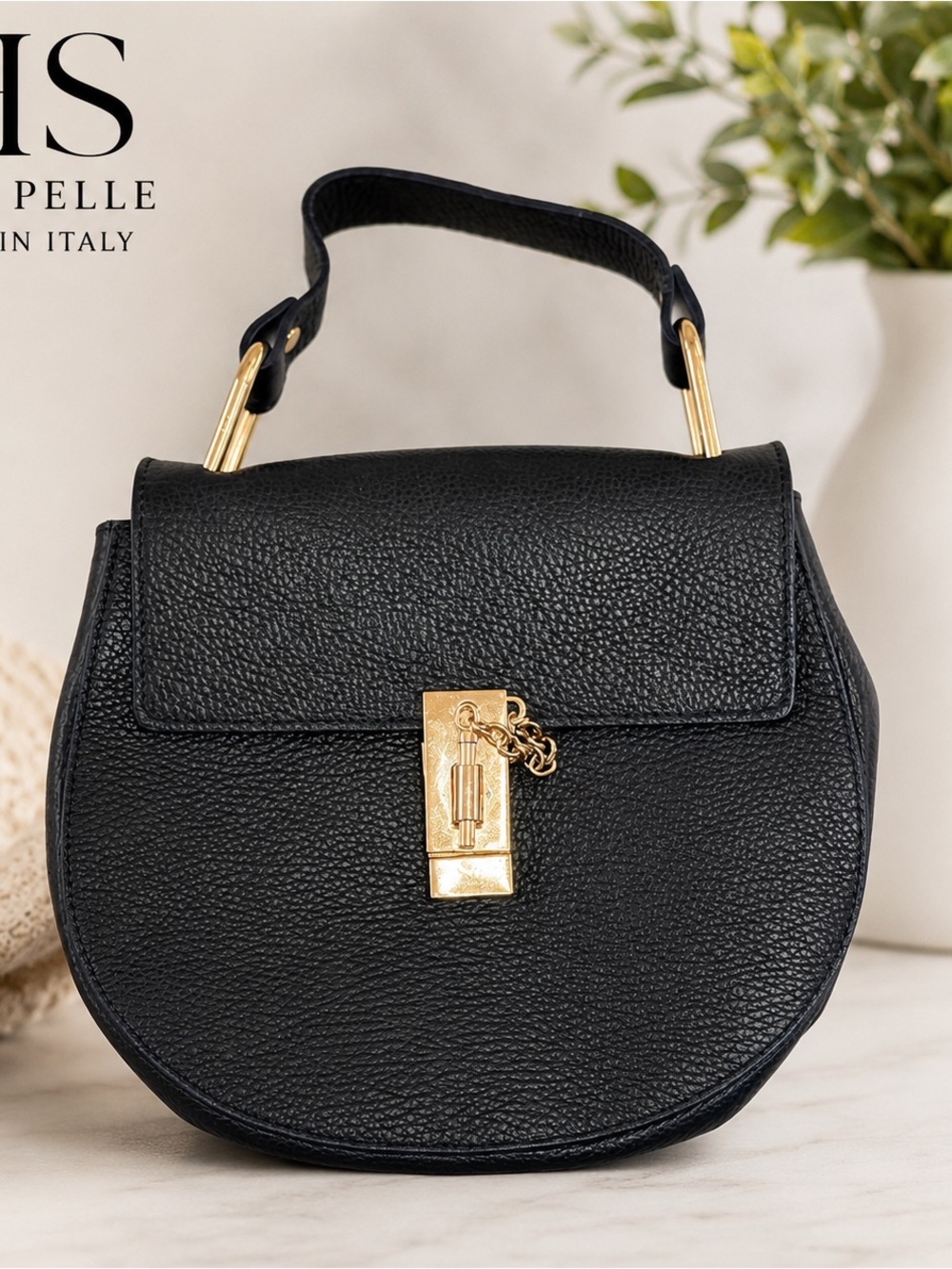 HS Vera Pelle Navy Blue Italian Leather Top Handle Crossbody Bag